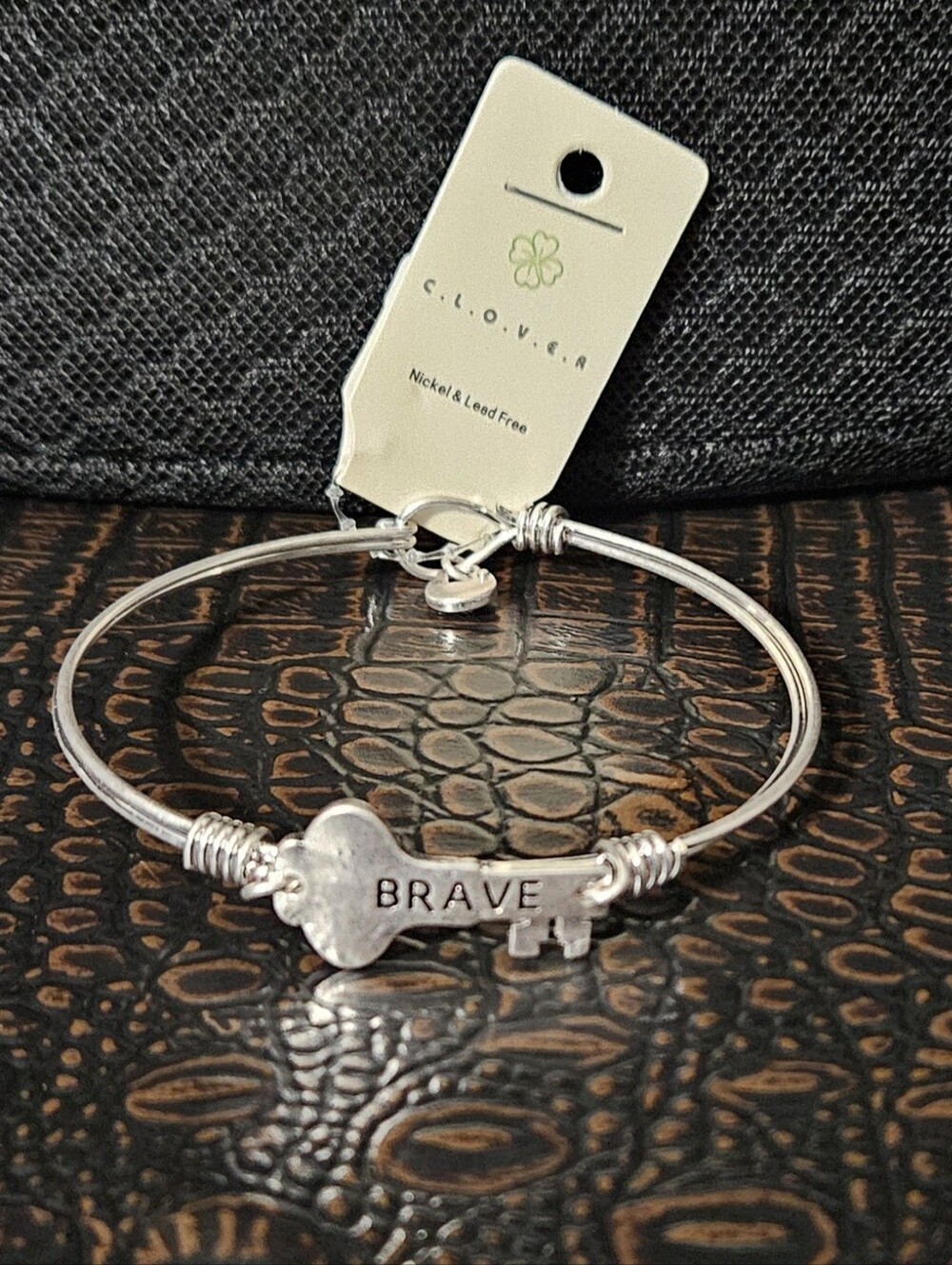 Clover Silver BRAVE Key Charm Bangle